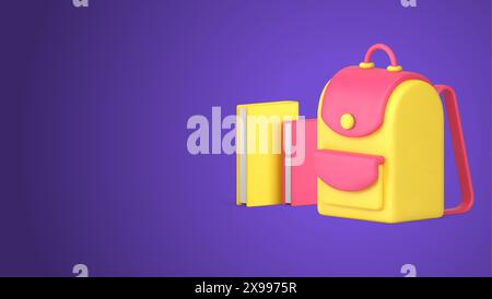 Back to school backpack paper books textbook learning education 3d icon realistic vector illustration. Schoolbag studying tutorial literature academic Stock Vector