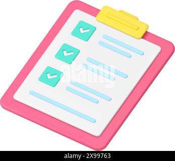 Checklist checkbox choice pink clipboard document organizer page to do task memo note 3d icon realistic vector illustration. Check list form success f Stock Vector