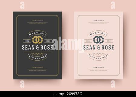 Wedding invitation save the date card typographic elegant template vector illustration. Vintage frame and decoration sign and symbols. Stock Vector