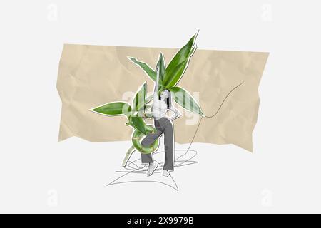 Composite collage image picture of mini girl dance point finger tied big plant isolated on creative background Stock Photo