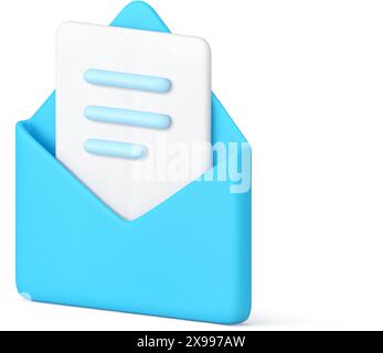 Paper letter in open blue envelope mail message correspondence delivery 3d icon realistic vector illustration. Email blank postal document send receiv Stock Vector