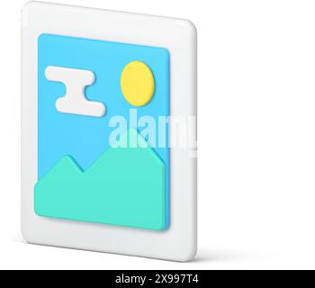 Picture photo image jpg file mountain sun cloud landscape 3d icon realistic vector illustration. Multimedia data archive social media video gallery do Stock Vector