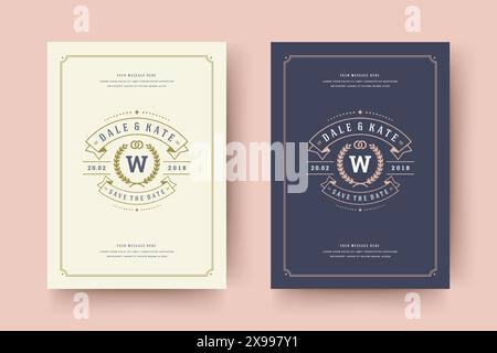 Wedding invitation save the date card flourishes ornaments vignette swirls. Vintage victorian frame and wedding invite title decorations. Vector elega Stock Vector