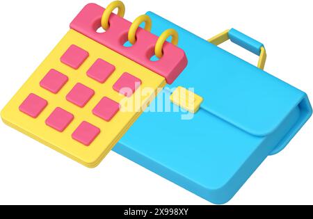 Business planner calendar time management appointment reminder 3d icon realistic vector illustration. Briefcase schedule work job deadline checking ag Stock Vector