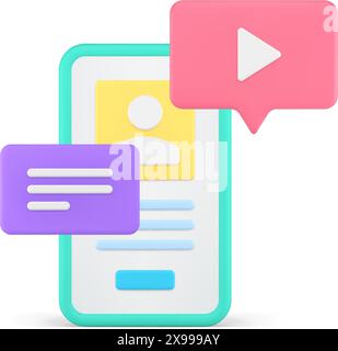 Mobile phone app account social media digital communication technology 3d icon realistic vector illustration. Smartphone application software multimed Stock Vector