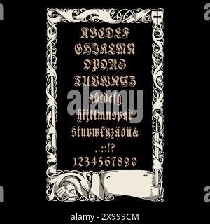 Medieval style design. Gothic font, letters and numbers hand drawn in vintage retro style and frame in Knight style Stock Vector