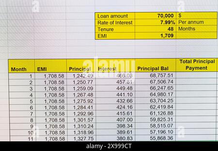 Shot of an excel sheet on computer screen showing bank loan amortization table. Stock Photo