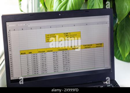 Shot of an excel sheet on computer screen showing bank loan amortization table. Stock Photo