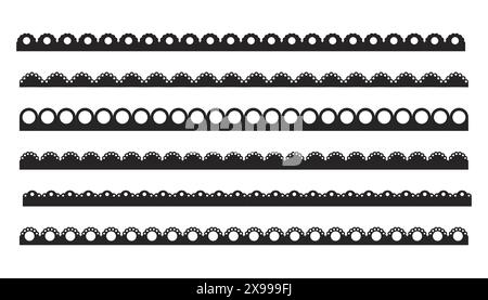 Scalloped edge border frilly stroke divider black silhouette stripe, tape collection isolated on white background. Traditional simple ornament with circles, embroidery ribbon. Vector illustration Stock Vector