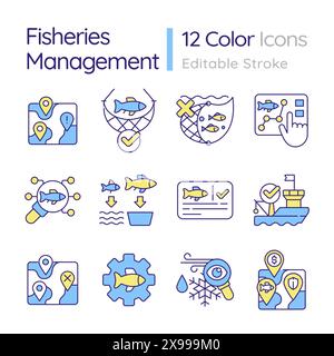 Fisheries management RGB color icons set Stock Vector