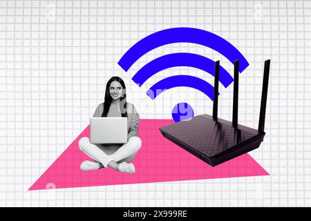 Creative collage image young happy woman remote worker freelancer wifi router signal internet broadcast hotspot online access Stock Photo