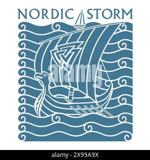 Scandinavian Viking design. Viking ship Drakkar sails on the waves of the stormy sea Stock Vector