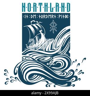 Scandinavian Viking design. Viking ship Drakkar sails on the waves of the stormy sea Stock Vector
