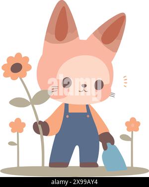 Animal Friend's Gardening, Cute Cartoon Style Vector Illustration (cat) Stock Vector