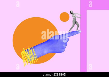 Composite artwork 3D sketch image photo collage of vibrant color backdrop huge circle hand finger point mini woman stand pull push plank Stock Photo
