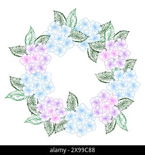 Spring floral circle wreath with hydrangea flower. Violet and blue little flower with green leaves for card or invite. Stock Vector