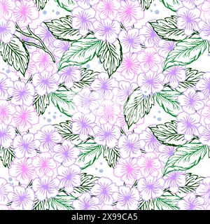 Spring hydrangea violet flower seamless pattern with line art colorful flower. Little flower vector background. Stock Vector