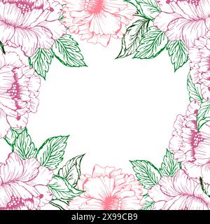 Spring floral square wreath with peony flower. Pink and little flower with green leaves frame for card or invite. Stock Vector