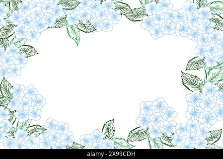 Spring floral horizontal banner with blue hydrangea flower. Line art little flower with leaves for card or invite, coloring page Stock Vector