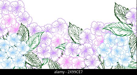 Spring floral horizontal wreath seamless banner with blue and pink hydrangea flower. Line art little flower with leaves for card or invite, coloring p Stock Vector