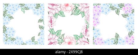 Spring floral square wreath with peony and hydrangea flower. Pink and blue little flower with green leaves frame set for card or invite. Stock Vector