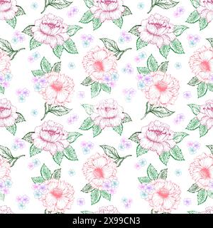 Spring floral seamless pattern with line art colorful flower. Chines peon and little flower background. Stock Vector