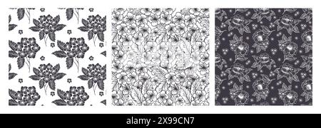 Spring hydrangea and peony silhouette and line art flower seamless pattern set monochrome flower. Little flower vector background Stock Vector