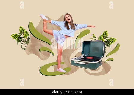 Composite collage image picture of overjoyed girl stretch dance gramophone isolated on creative background Stock Photo