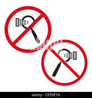 No magnifying glass icons. Red prohibition signs. Search symbol banned. Stock Vector