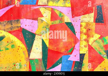 Old metal sheet with colored paints and corrosion as creative texture. Abstract multicolored background of metal surface covered paints Stock Photo