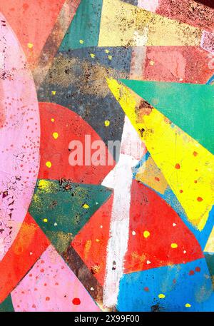 Old metal sheet with colored paints and corrosion as creative texture. Abstract multicolored background of metal surface covered paints Stock Photo