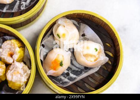 Cantonese Chinese Dim sum Food Menu with Dumplings of Shrimp and Pork Stock Photo