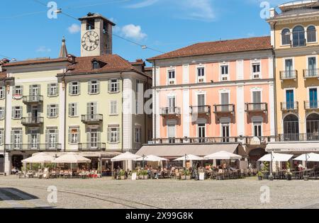 Locarno, Ticino, Switzerland - May 27, 2024: View of the famous Piazza Grande with typical arcades in the historic center of Locarno. Stock Photo