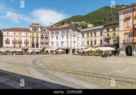 Locarno, Ticino, Switzerland - May 27, 2024: View of the famous Piazza Grande with typical arcades in the historic center of Locarno. Stock Photo