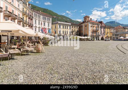 Locarno, Ticino, Switzerland - May 27, 2024: View of the famous Piazza Grande with typical arcades in the historic center of Locarno. Stock Photo