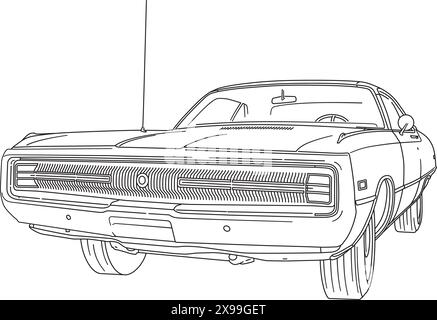 Vintage american muscle car from the 1970s low angle front view line art vector illustration Stock Vector