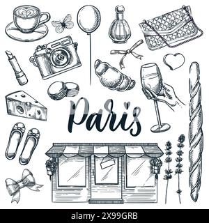 Paris symbols and design elements isolated on white background. Vector hand drawn sketch illustrations and calligraphy lettering. French fashion and f Stock Vector