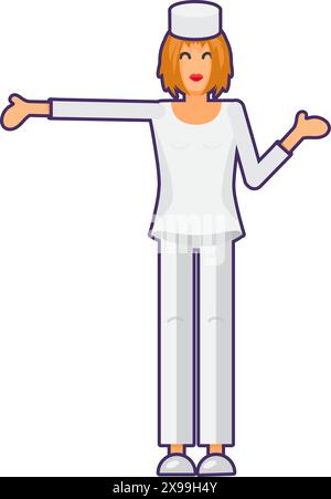 Nurse in uniform indicates direction of movement with hand. Friendly doctor, medical stroked cartoon element for modern and retro design. Simple color Stock Vector
