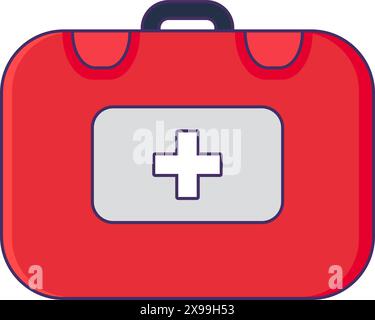 Red duty doctor suitcase icon. First aid kit, medical stroked cartoon element for modern and retro design. Simple color vector pictogram isolated on w Stock Vector