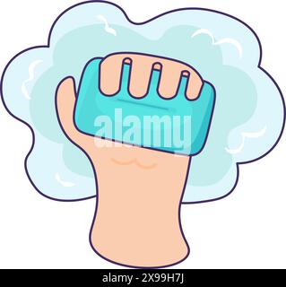 Man hand holding bar of soap icon. Maintaining daily hygiene, medical stroked cartoon element for modern and retro design. Simple color vector pictogr Stock Vector