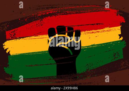 Black History Month Flag illustration with a raised fist sign. African-American History Month poster in red, yellow, and green colors dedicated to ach Stock Vector