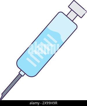 Syringe filled with liquid medicine icon. Intramuscular injection instrument, medical stroked cartoon element for modern and retro design. Simple colo Stock Vector