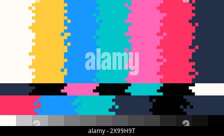 Retro-inspired color bars of a television test pattern. The bold, colorful stripes with pixelated edges in retro-futurism style. The cover is suitable Stock Vector