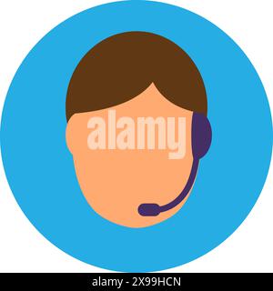 Hotline employee in headphones with microphone. Information sticker, shopping process flat element for modern and retro design. Simple color vector pi Stock Vector