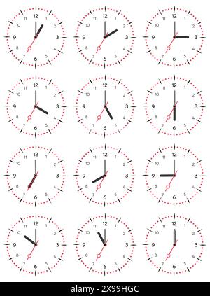 A set of mechanical clocks with an image of each of the twelve hours. Clock face on white background. Stock Vector