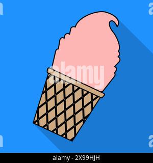 Vector illustration of ice cream in a waffle cup in flat style isolated on blue background with shadow. Vector illustration Stock Vector