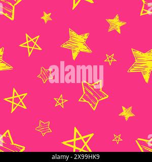 Seamless background of doodle stars. Yellow hand drawn stars on pink background. Vector illustration Stock Vector