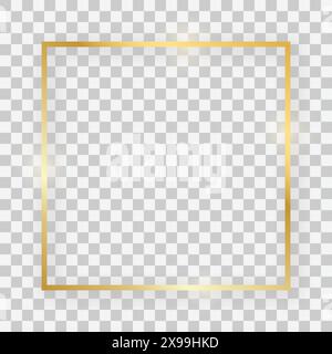 Gold shiny square frame with glowing effects and shadows on transparent background. Vector illustration Stock Vector