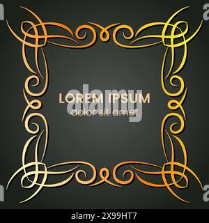 A square golden monogram element on a dark background. Vector illustration. Stock Vector