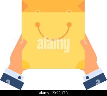 Delivery service employee holding gift bag. Home delivery, shopping process flat element for modern and retro design. Simple color vector pictogram is Stock Vector
